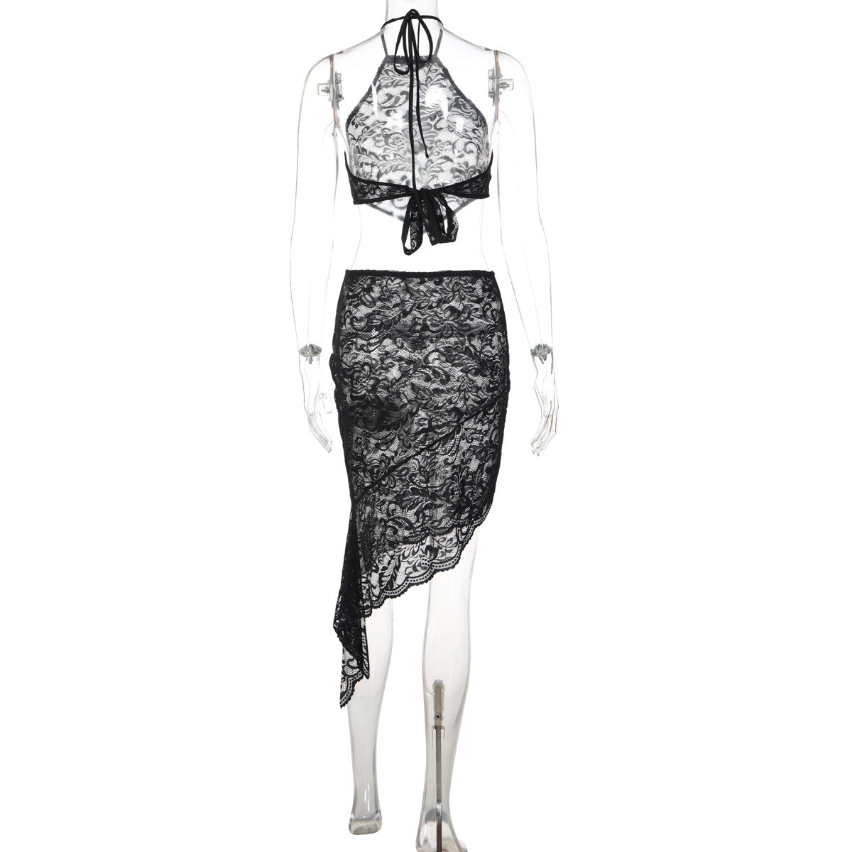 Lace see through self tie halter irregular midi skirt set  | Festival Outfits Women