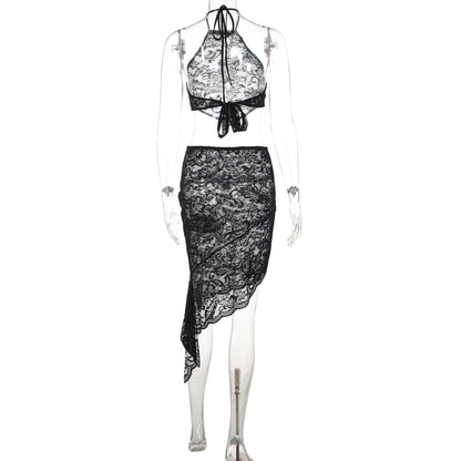 Lace see through self tie halter irregular midi skirt set  | Festival Outfits Women