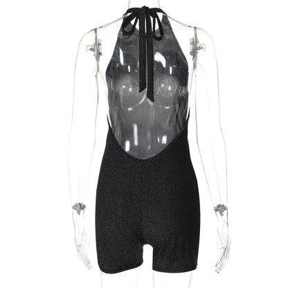 Halter self tie backless crewneck solid romper  | Festival Outfits Women