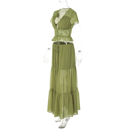 Short sleeve v neck ruched lace chiffon maxi skirt set  | Festival Outfits Women