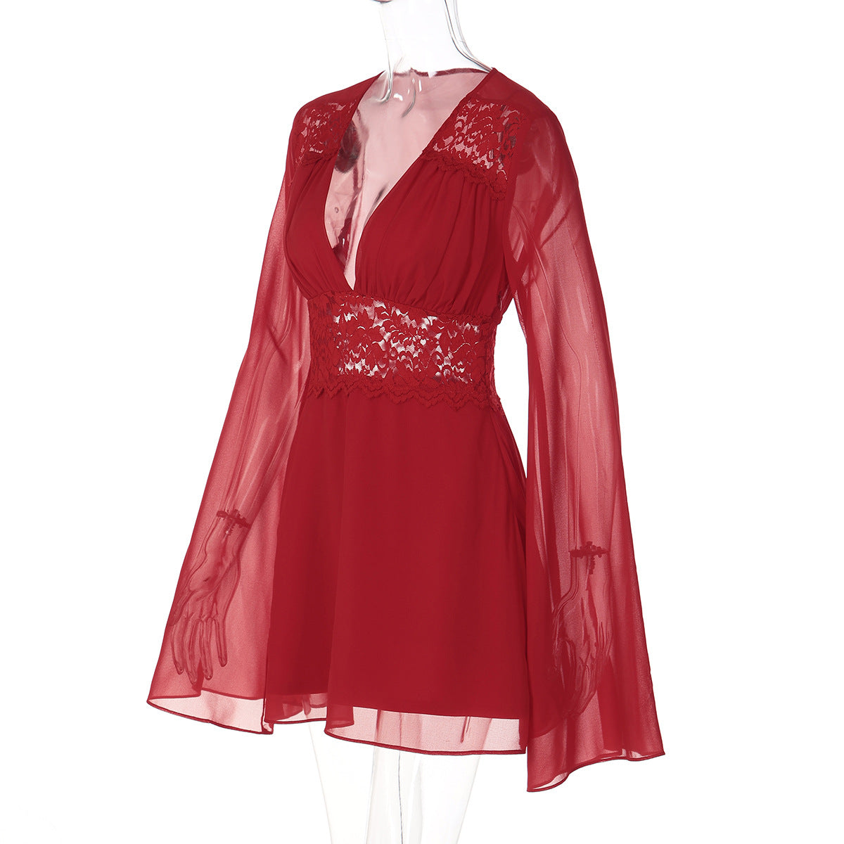 Long flared sleeve v neck chiffon zip-up mini dress  | Festival Outfits Women