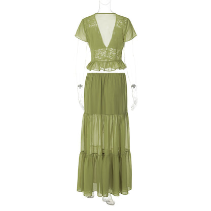 Short sleeve v neck ruched lace chiffon maxi skirt set  | Festival Outfits Women