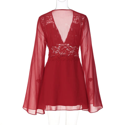 Long flared sleeve v neck chiffon zip-up mini dress  | Festival Outfits Women
