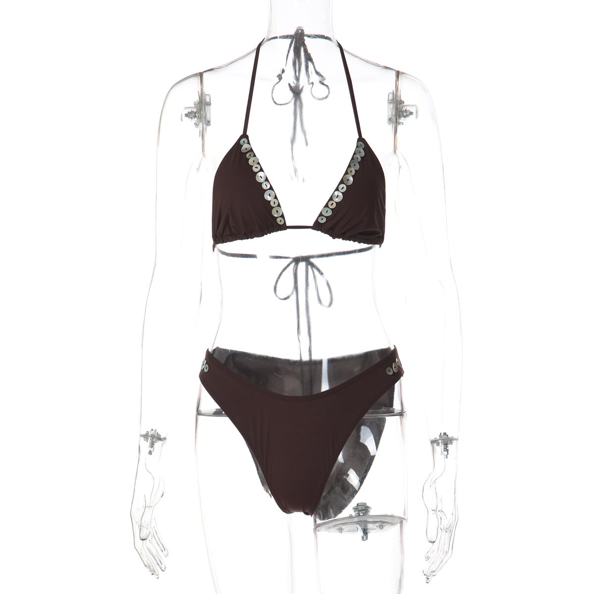 V neck halter self tie button applique bikini swimwear