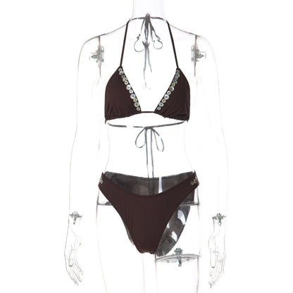 V neck halter self tie button applique bikini swimwear