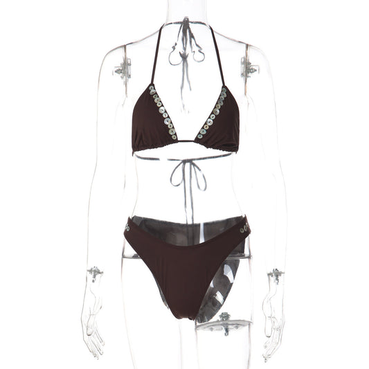 V neck halter self tie button applique bikini swimwear