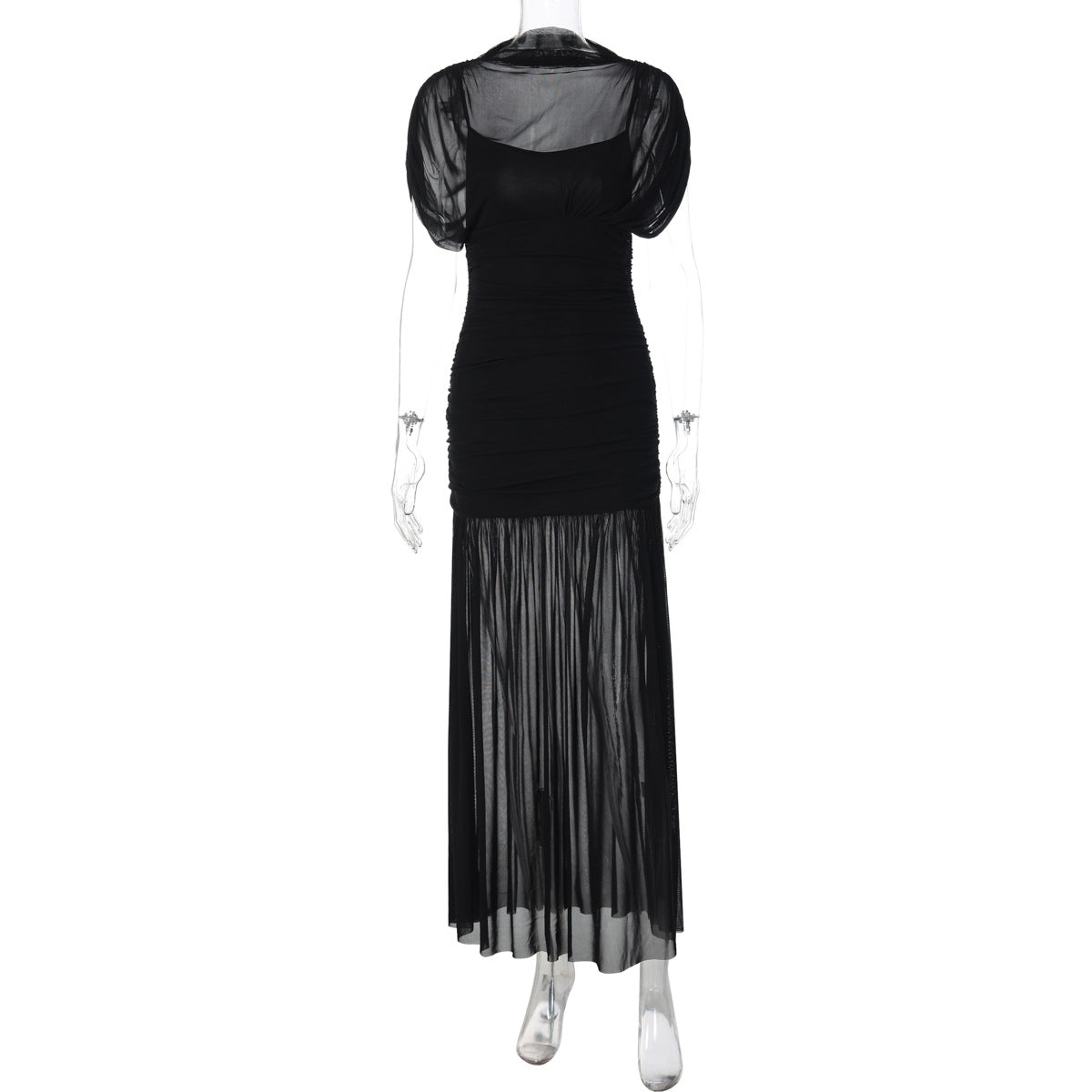 Mesh ruched short sleeve solid maxi dress  | Festival Outfits Women