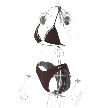 V neck halter self tie button applique bikini swimwear