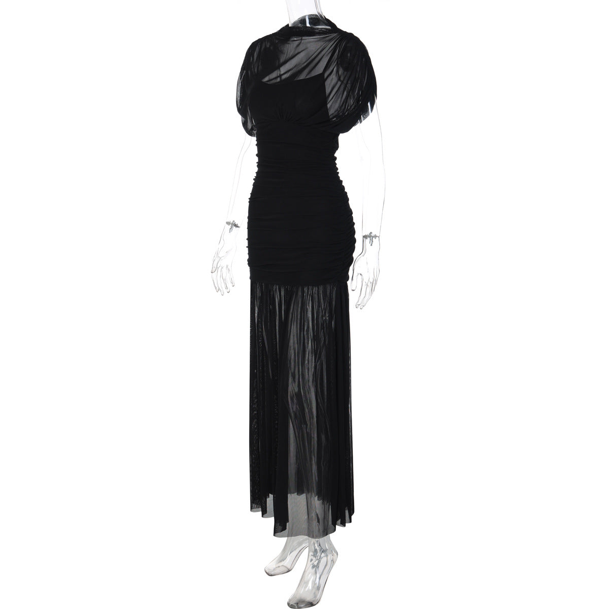 Mesh ruched short sleeve solid maxi dress  | Festival Outfits Women
