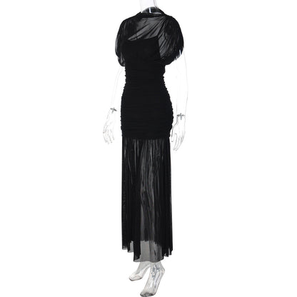 Mesh ruched short sleeve solid maxi dress  | Festival Outfits Women