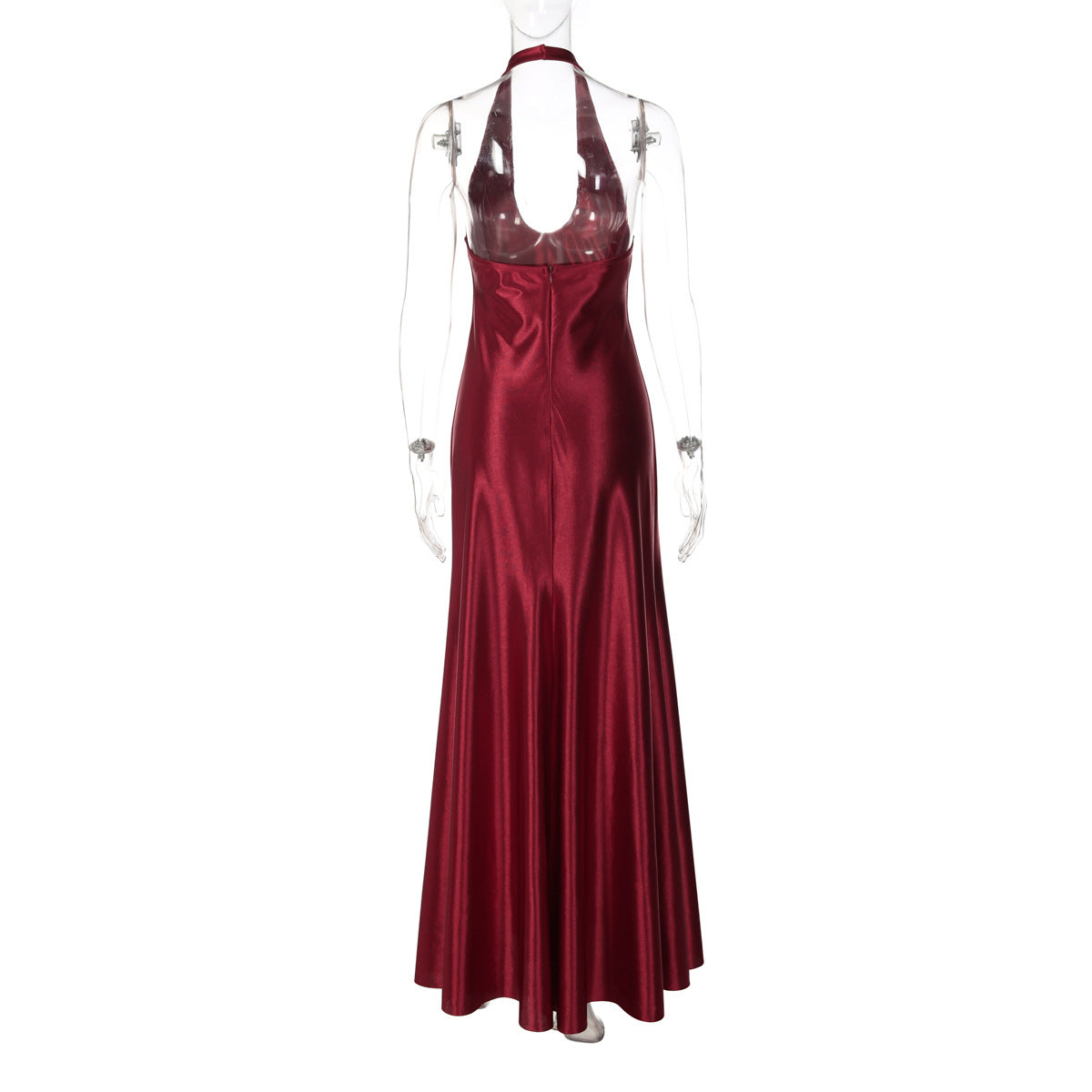 U neck satin halter zip-up backless maxi dress  | Festival Outfits Women
