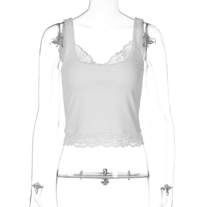 Lace hem v neck backless solid tank top  | Festival Outfits Women