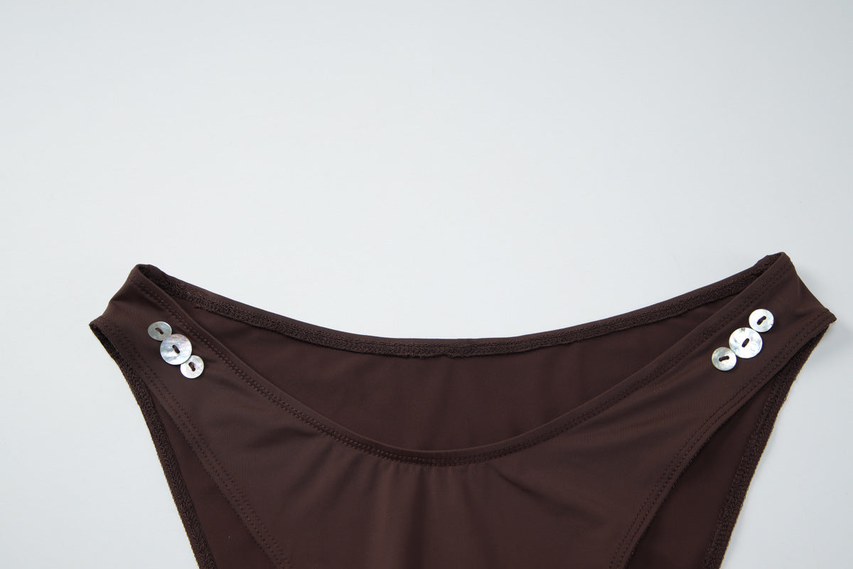 V neck halter self tie button applique bikini swimwear