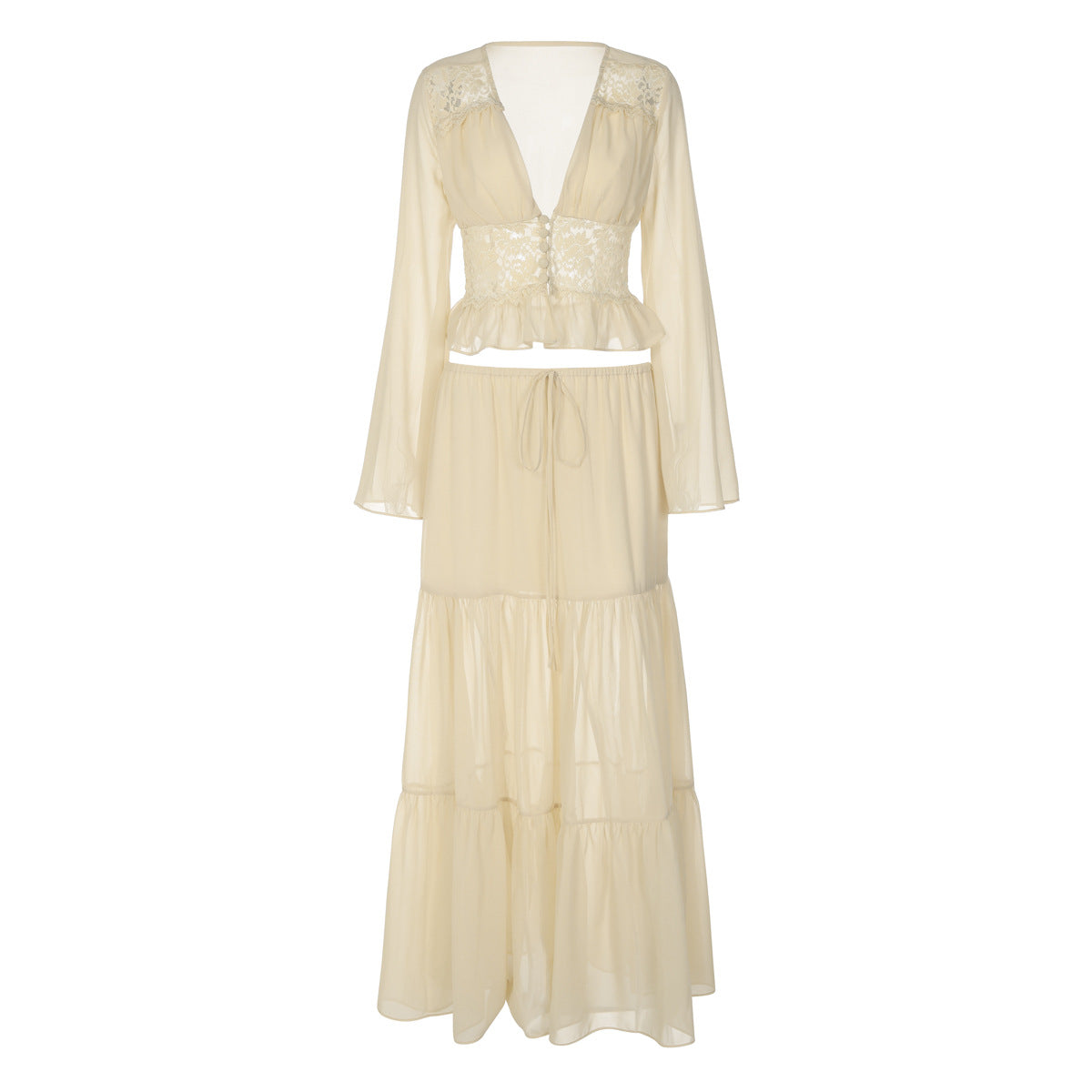 Long sleeve v neck button chiffon lace maxi skirt set  | Festival Outfits Women