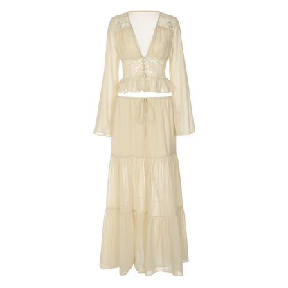 Long sleeve v neck button chiffon lace maxi skirt set  | Festival Outfits Women