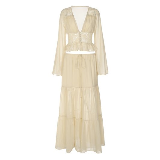 Long sleeve v neck button chiffon lace maxi skirt set  | Festival Outfits Women