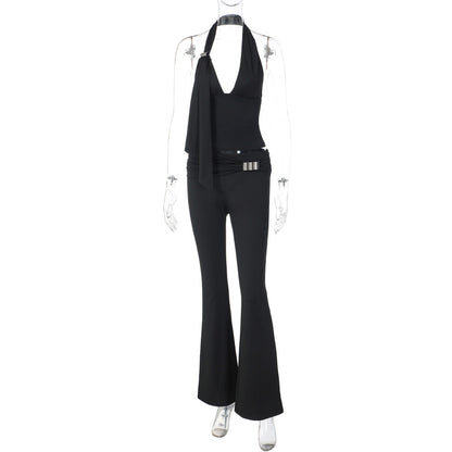 Halter irregular v neck backless low rise pant set  | Festival Outfits Women