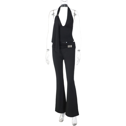 Halter irregular v neck backless low rise pant set  | Festival Outfits Women
