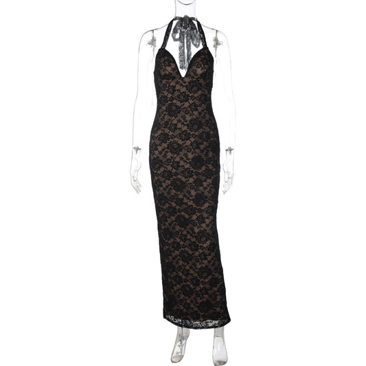 V neck self tie halter lace slit maxi dress  | Festival Outfits Women