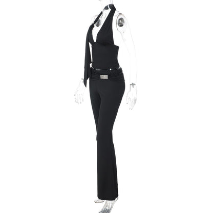 Halter irregular v neck backless low rise pant set  | Festival Outfits Women