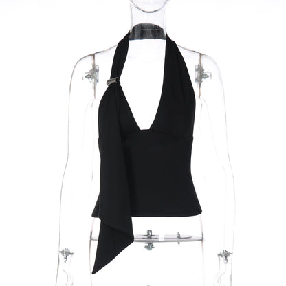 Halter v neck irregular backless solid top  | Festival Outfits Women