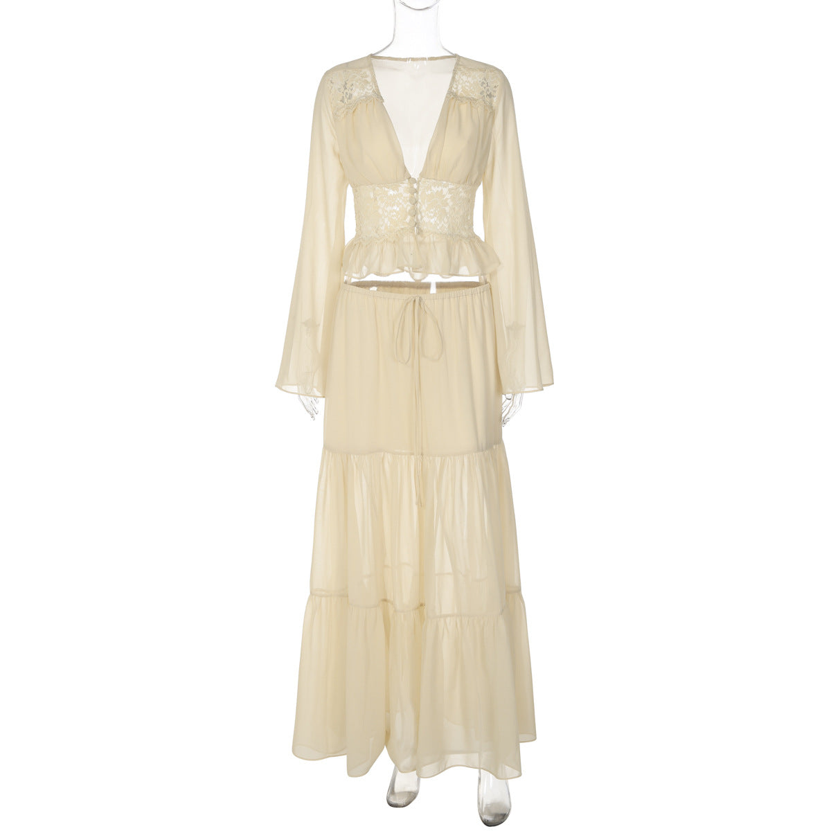 Long sleeve v neck button chiffon lace maxi skirt set  | Festival Outfits Women