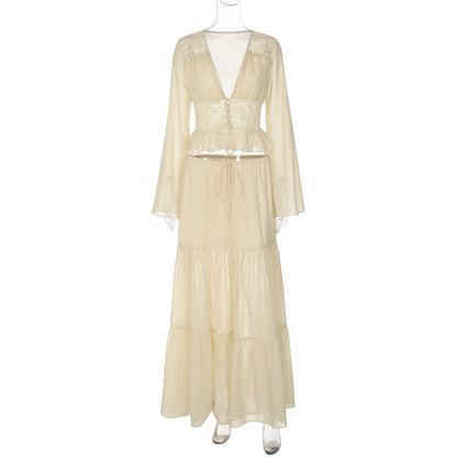 Long sleeve v neck button chiffon lace maxi skirt set  | Festival Outfits Women