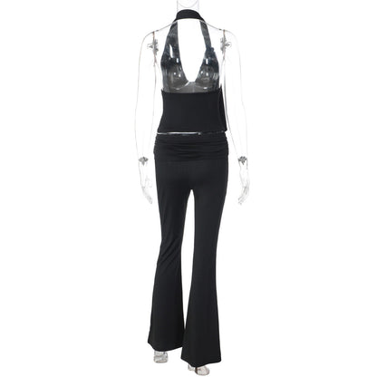 Halter irregular v neck backless low rise pant set  | Festival Outfits Women
