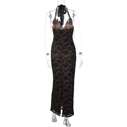 V neck self tie halter lace slit maxi dress  | Festival Outfits Women