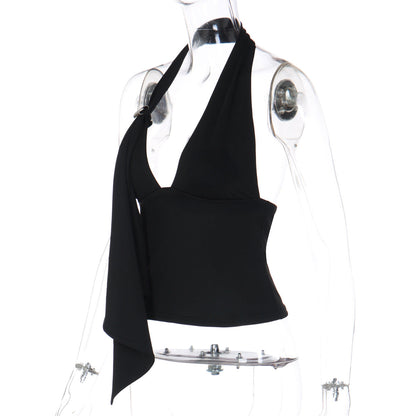 Halter v neck irregular backless solid top  | Festival Outfits Women