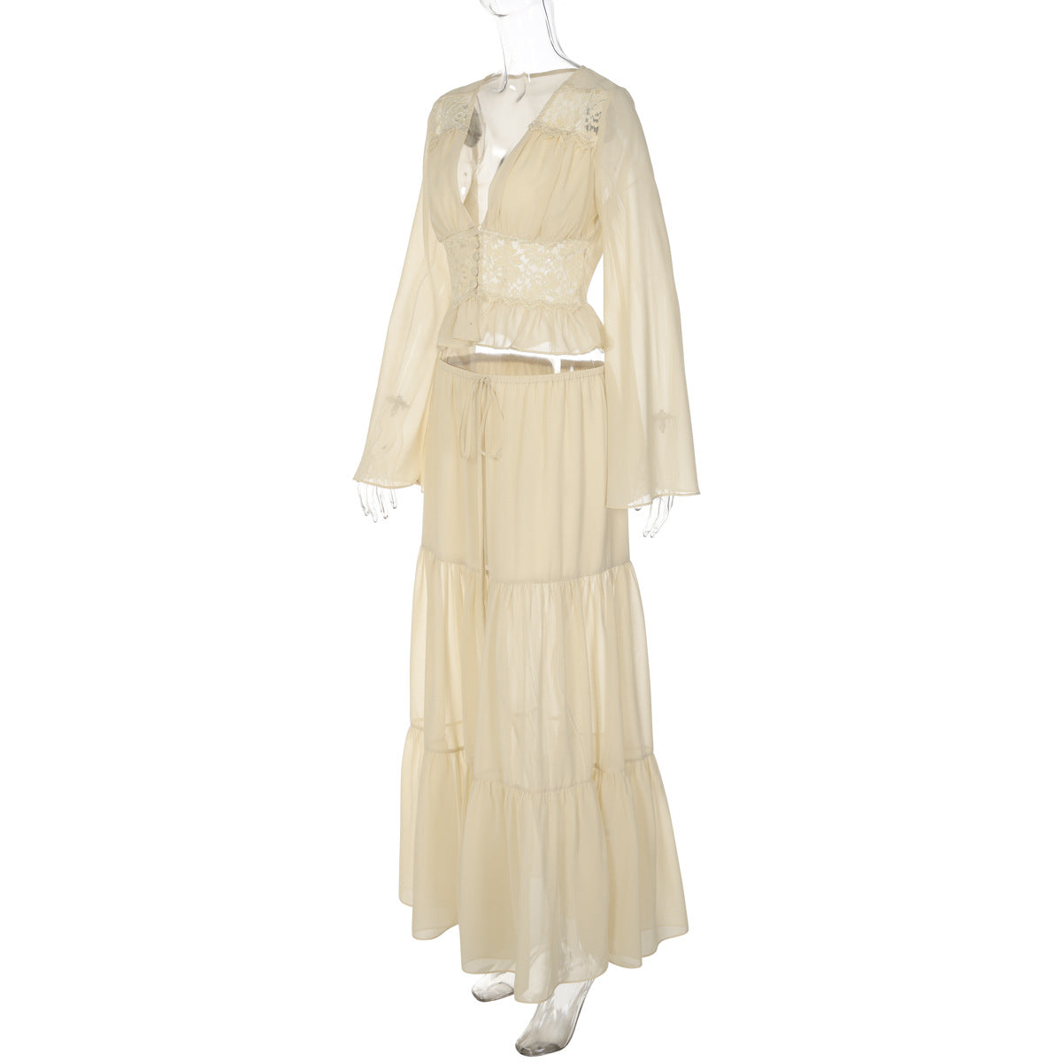 Long sleeve v neck button chiffon lace maxi skirt set  | Festival Outfits Women