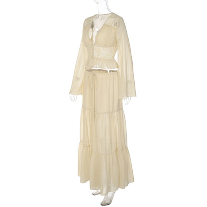 Long sleeve v neck button chiffon lace maxi skirt set  | Festival Outfits Women