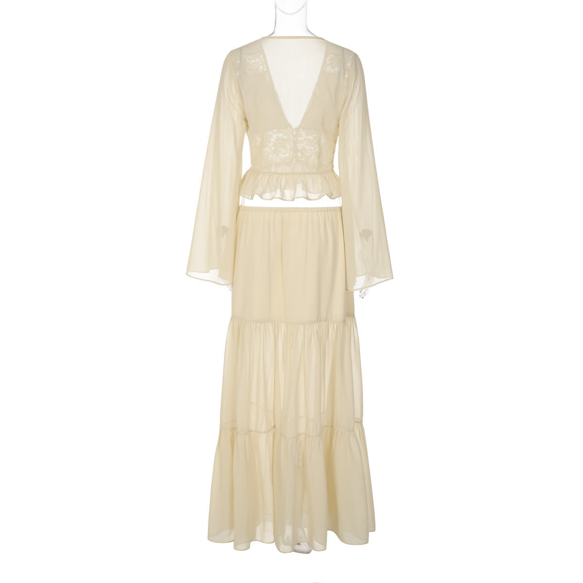 Long sleeve v neck button chiffon lace maxi skirt set  | Festival Outfits Women