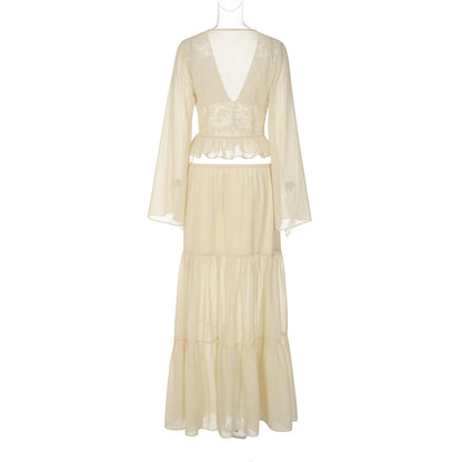 Long sleeve v neck button chiffon lace maxi skirt set  | Festival Outfits Women