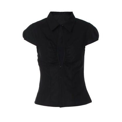 Turnover collar short sleeve button ruched top  | Festival Outfits Women