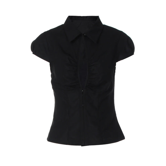 Turnover collar short sleeve button ruched top  | Festival Outfits Women