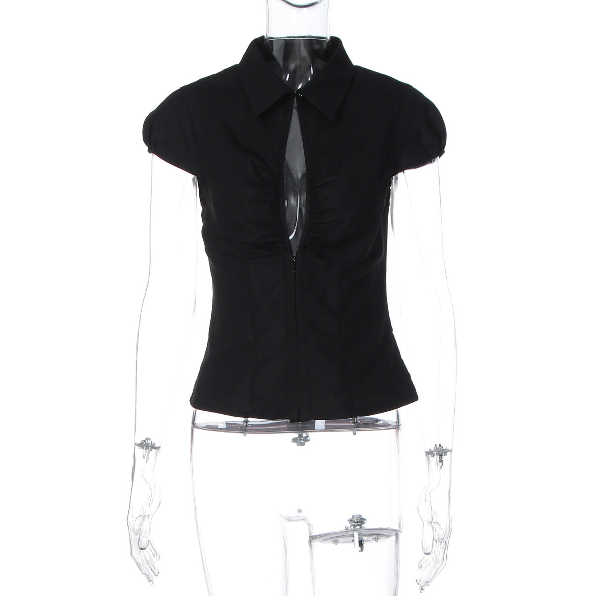 Turnover collar short sleeve button ruched top  | Festival Outfits Women
