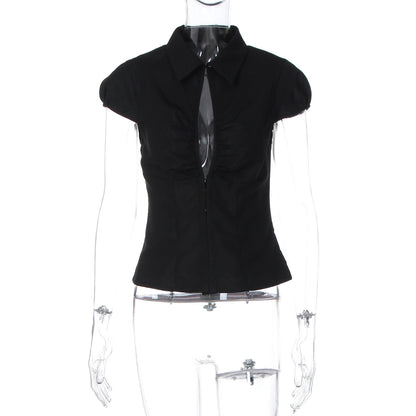 Turnover collar short sleeve button ruched top  | Festival Outfits Women