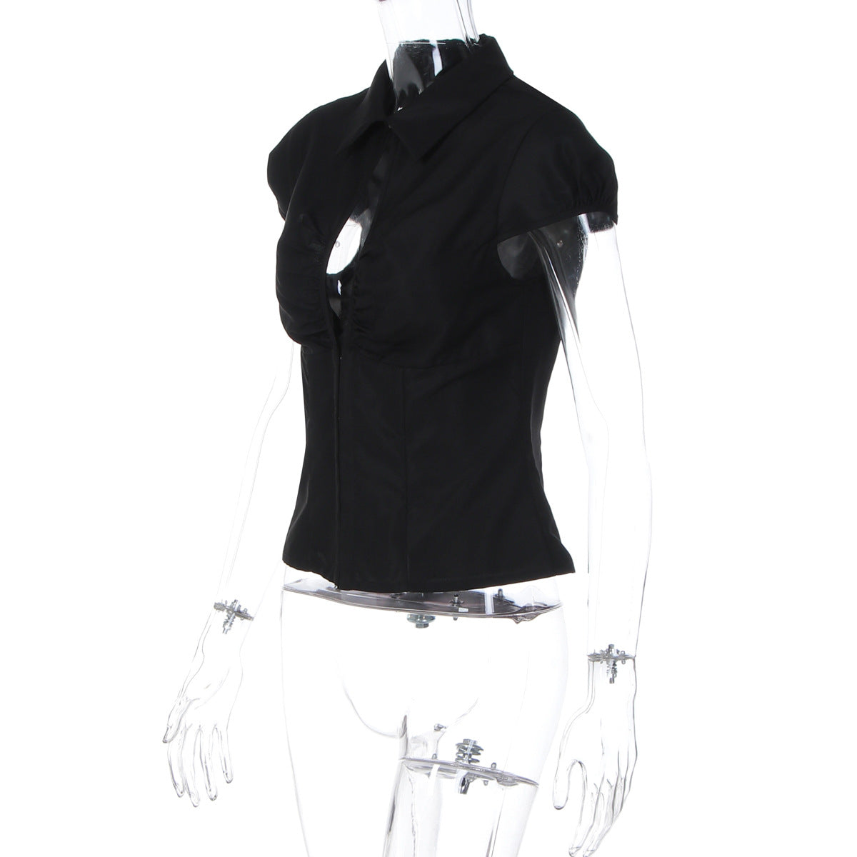 Turnover collar short sleeve button ruched top  | Festival Outfits Women