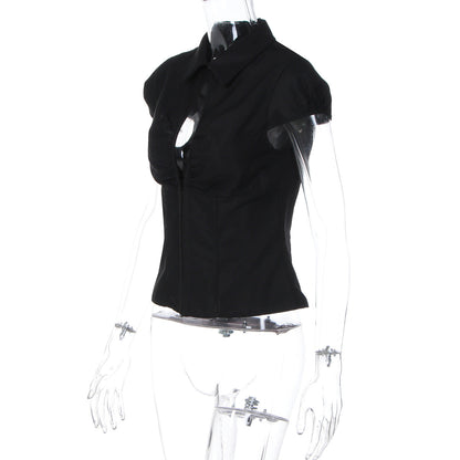 Turnover collar short sleeve button ruched top  | Festival Outfits Women