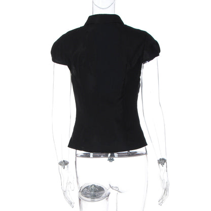 Turnover collar short sleeve button ruched top  | Festival Outfits Women