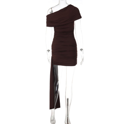 Ruched one shoulder irregular solid mini dress  | Festival Outfits Women