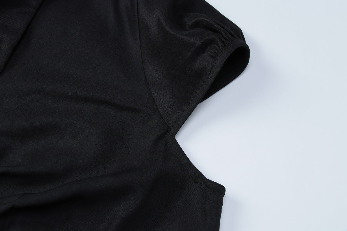 Turnover collar short sleeve button ruched top  | Festival Outfits Women
