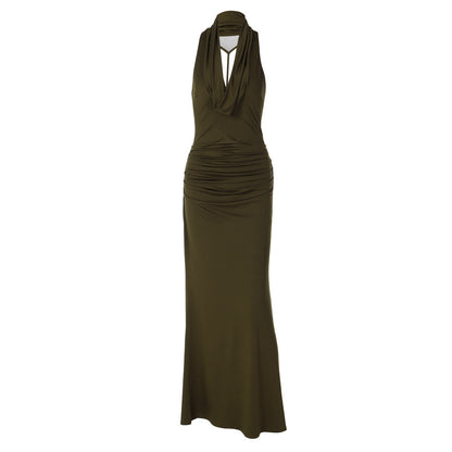 Ruched cowl neck backless solid maxi dress  | Festival Outfits Women
