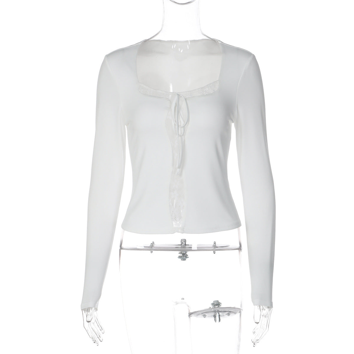 Long sleeve lace hem solid self tie top  | Festival Outfits Women