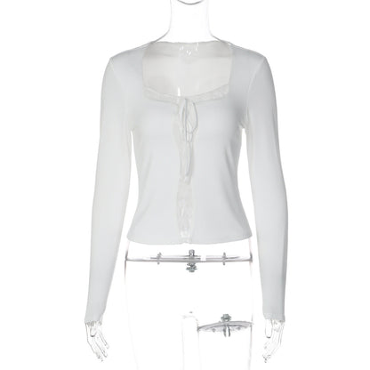 Long sleeve lace hem solid self tie top  | Festival Outfits Women