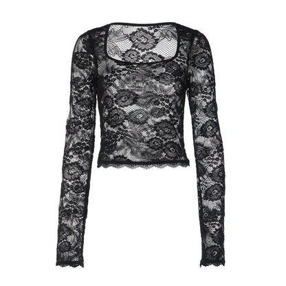 Long sleeve lace square neck see through top  | Festival Outfits Women