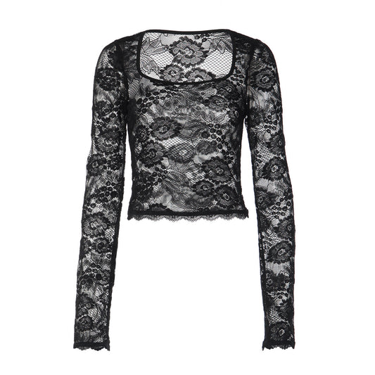 Long sleeve lace square neck see through top  | Festival Outfits Women