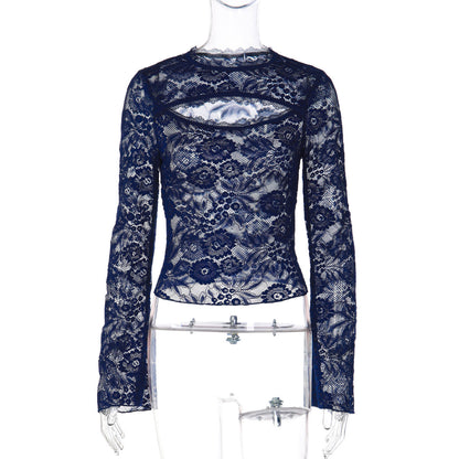 Lace hollow out long sleeve see through top  | Festival Outfits Women