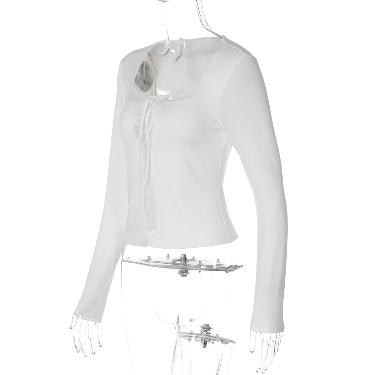 Long sleeve lace hem solid self tie top  | Festival Outfits Women